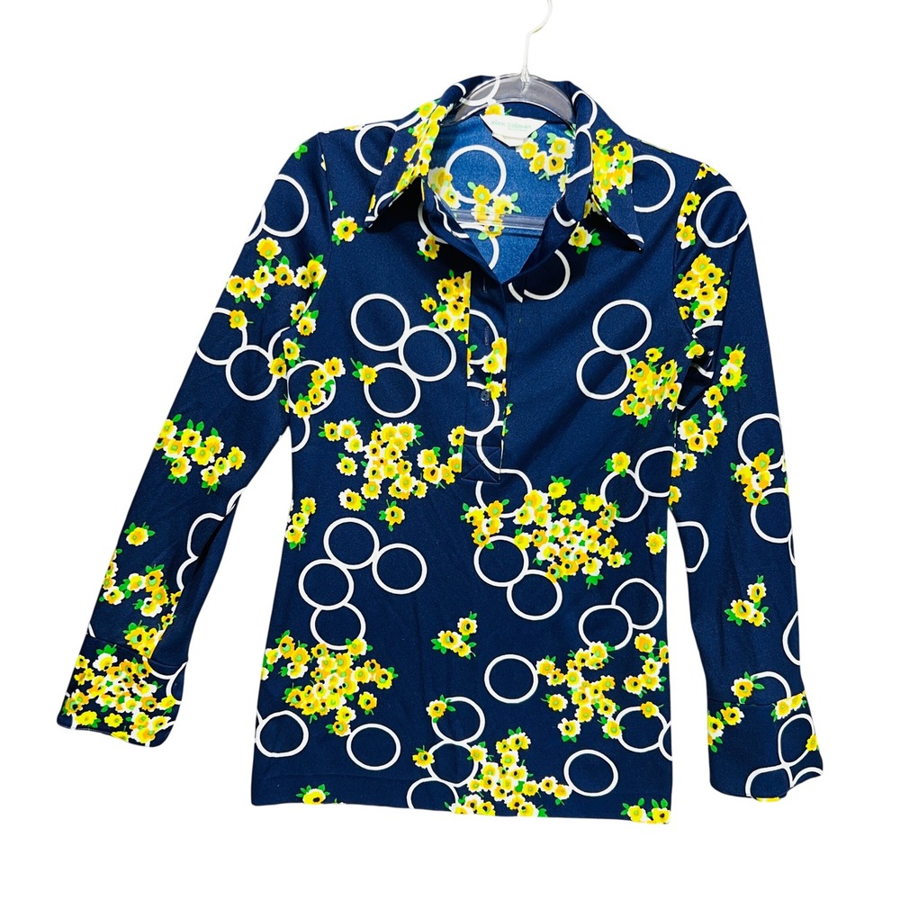 VTG 70s Alex Colman Cali Colorful Floral Mod Long Sleeve Dagger Collar Blouse Sm